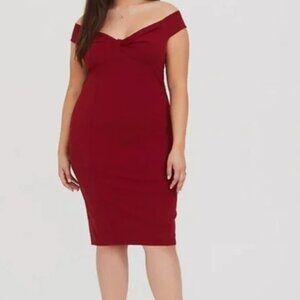 Torrid Bodycon Dress Off Shoulder Midi Knee Length Formal Dark Red Plus Size 2